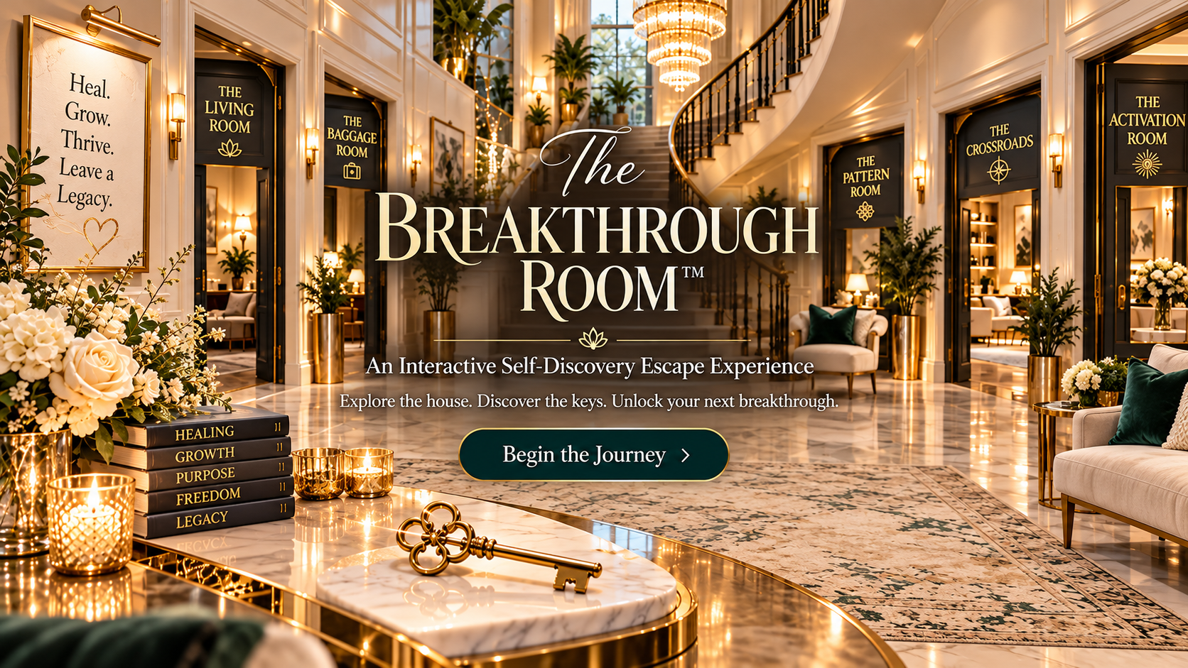 Elegant grand foyer with five discovery room entrances, a golden key, and The Breakthrough Room welcome message